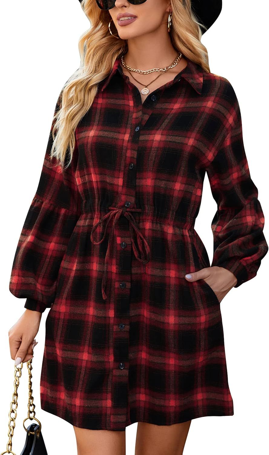 Blooming Jelly Womens Plaid Dress Flannel Puff Sleeve Dress Button Down Casual Dresses Tunic Dres... | Amazon (US)