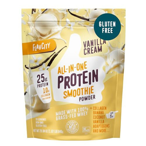 FlavCity Grass Fed Whey Protein Powder - Vanilla Smoothie - 25g Protein & 10g Collagen - Made with Real Vanilla Bean & Organic Coconut Milk - Gluten Free & No Added Sugars (20 Servings) | Amazon (US)