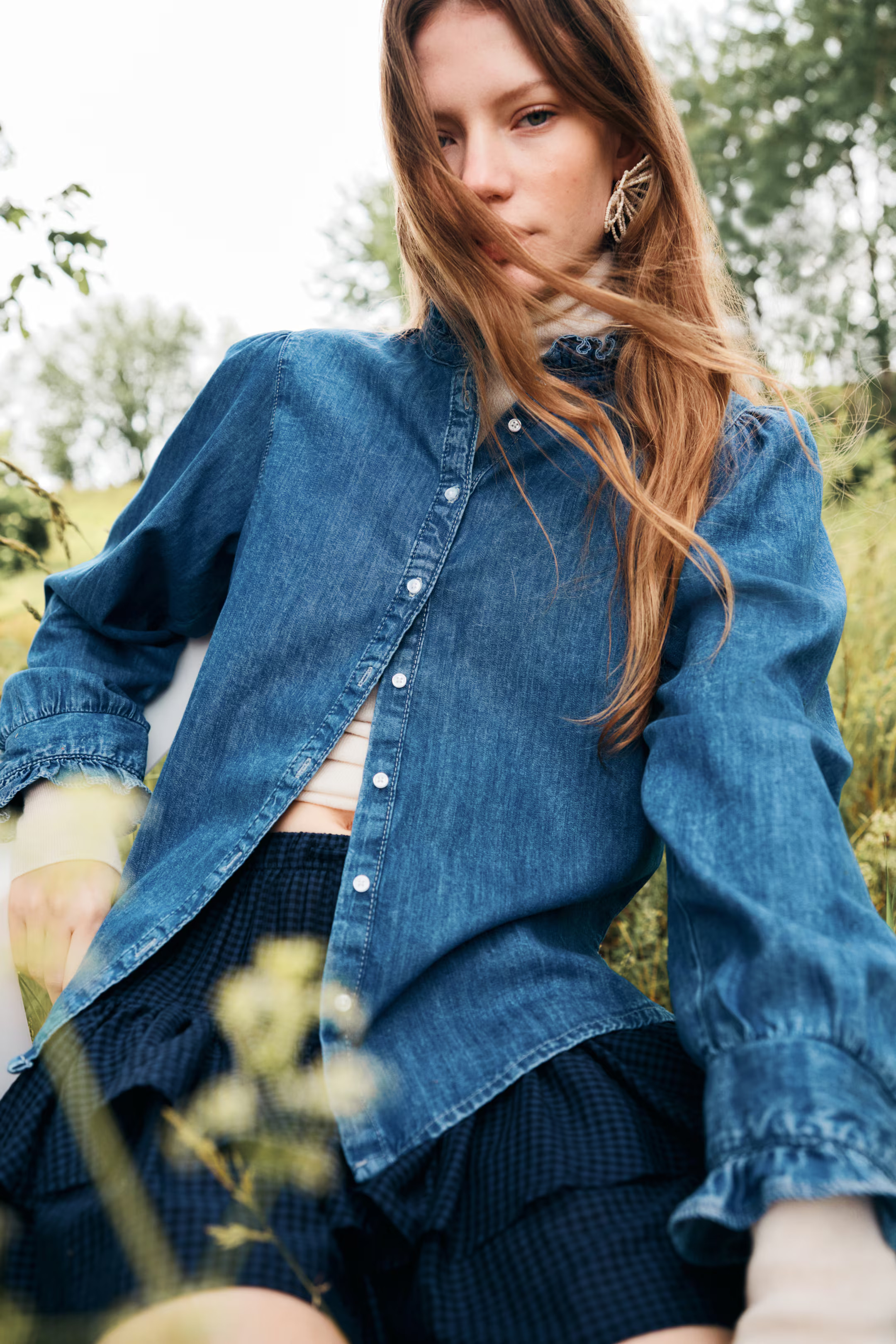 Frill-trimmed denim blouse | H&M (UK, MY, IN, SG, PH, TW, HK)