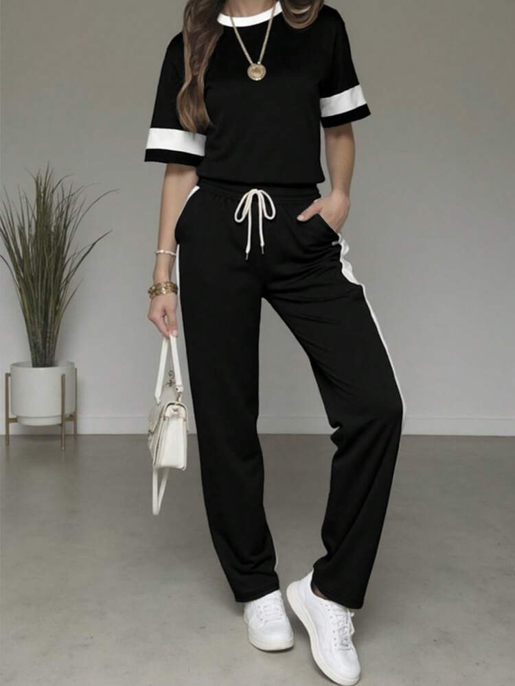 2pcs Set Women Summer Casual Contrast Color Round Neck Short Sleeve Top And High Waist Drawstring Straight Pants Black | SHEIN