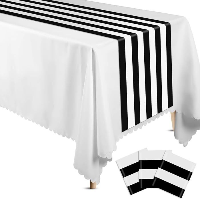 3 Pcs Black and White Striped Table Runner 14 x 108'' Plastic Striped Table Runner Disposable Ele... | Amazon (US)