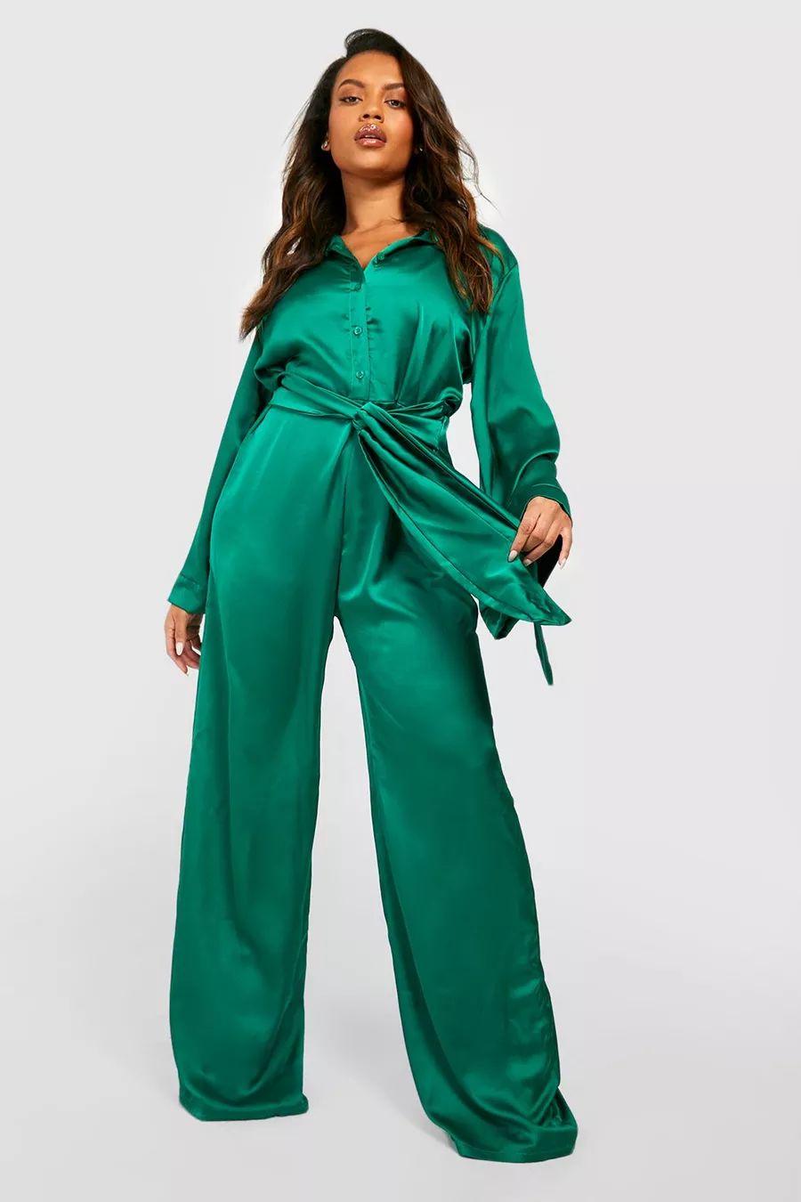 Plus Button Up Wide Leg Belted Jumpsuit | Boohoo.com (US & CA)