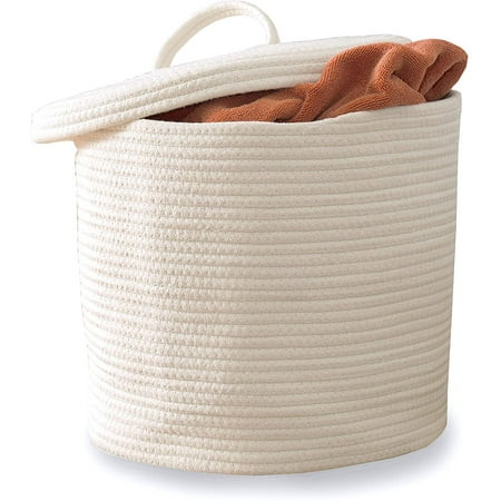 Cotton Rope Storage Basket- Large Woven Baskets with Lid and Handles 15"" x 13"" for Nursery, Laundr | Walmart (US)