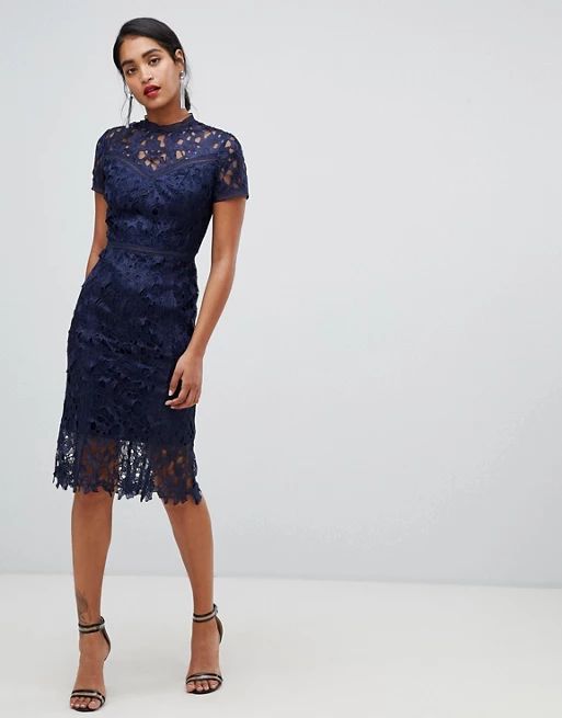 Chi Chi London high neck lace pencil dress in navy | ASOS ROW