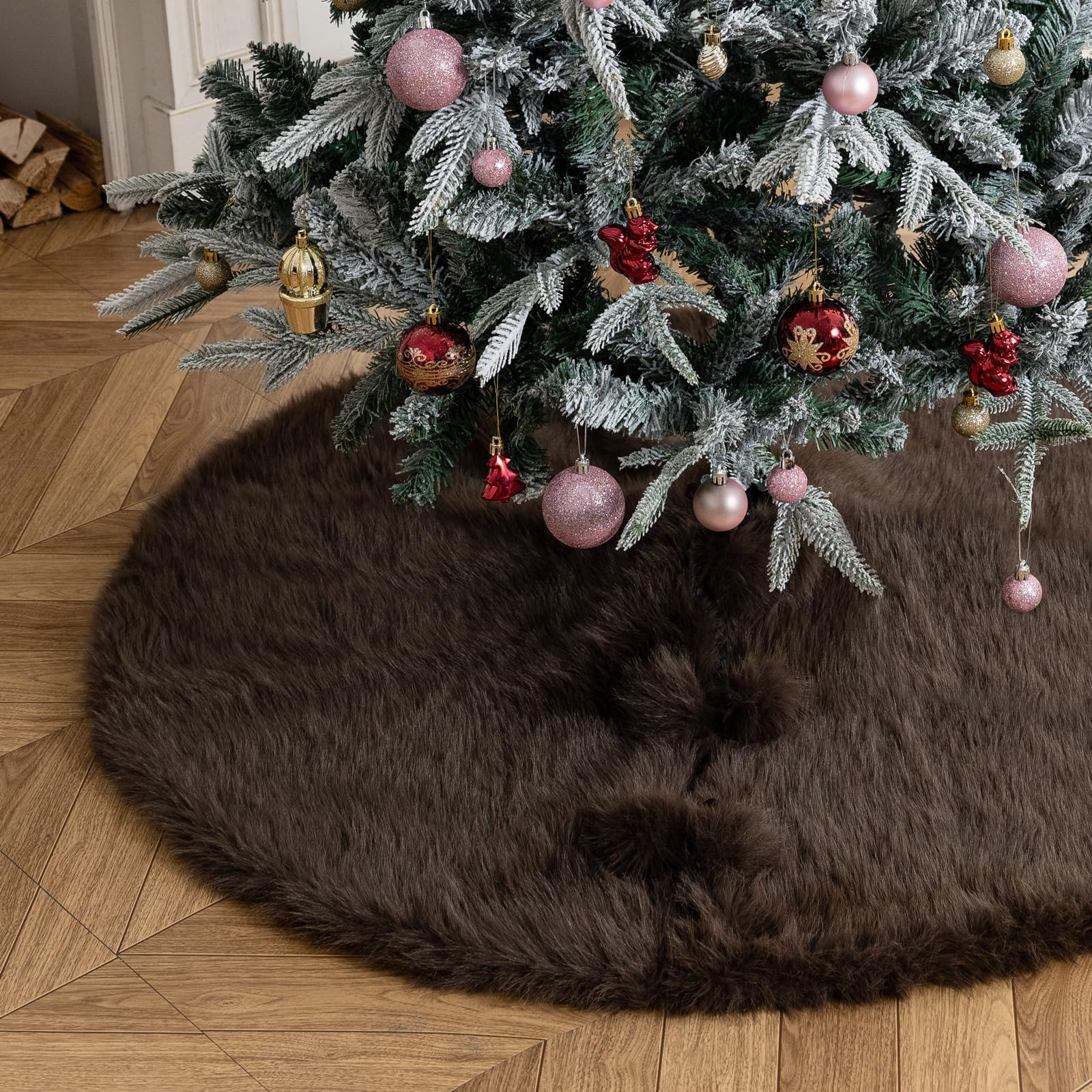 Faux Fur Christmas Tree Skirt 48 Inch Brown Plush Tree Skirt Xmas Tree Mat for Christmas Holiday Party Decorations | Amazon (US)