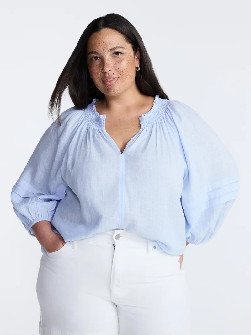 Terra & Sky Women\u2019s Plus Linen Blend Blouse with Elbow Length Puff Sleeves, Sizes 0X-5X | Walmart (US)