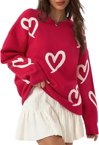 Saodimallsu Womens Oversized Heart Sweater Crew Neck Long Sleeve Knit Cute Valentines Pullover Sw... | Amazon (US)