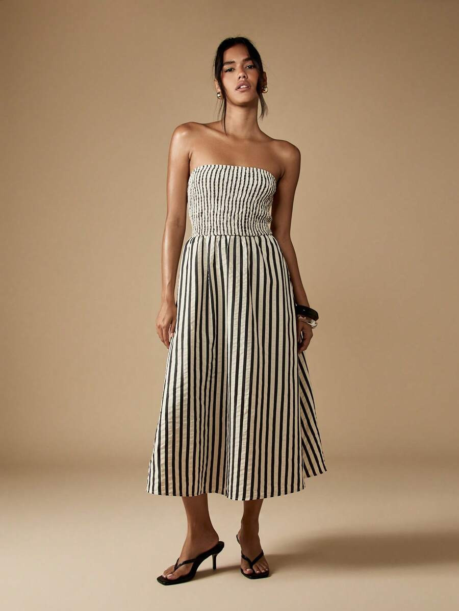 MISSGUIDED Strapless Smocked Bodice Midi Dress Summer Striped Flared Skirt Elastic Waist Sleevele... | SHEIN