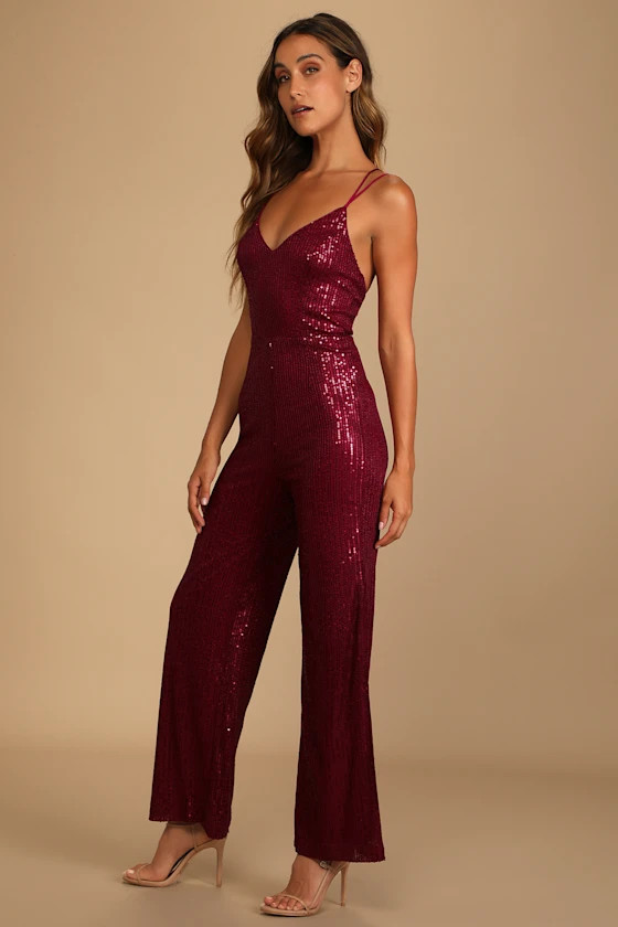 Isn't it Iconic Wine Red Sequin Strappy Jumpsuit | Lulus (US)