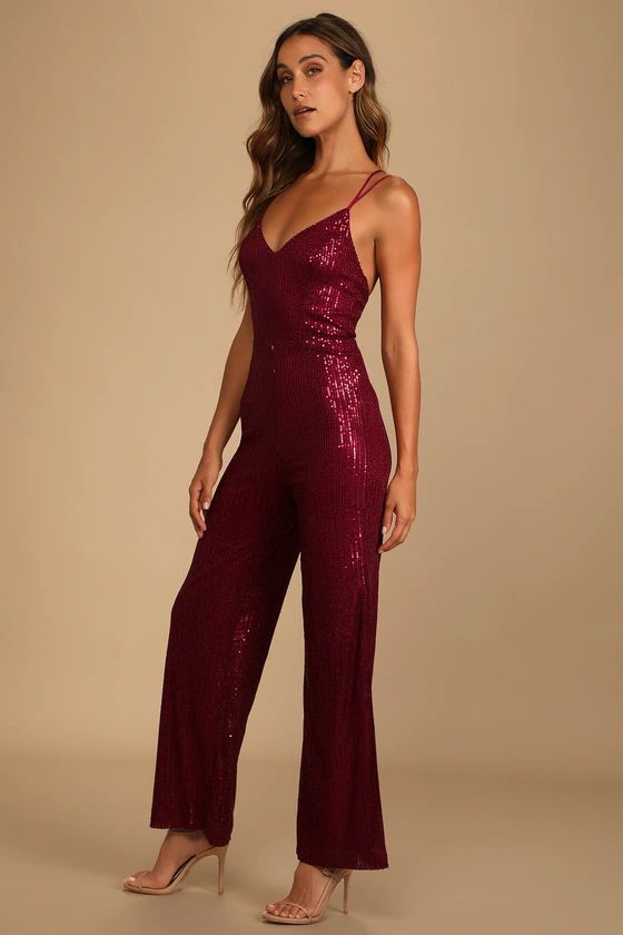Isn't it Iconic Wine Red Sequin Strappy Jumpsuit | Lulus (US)