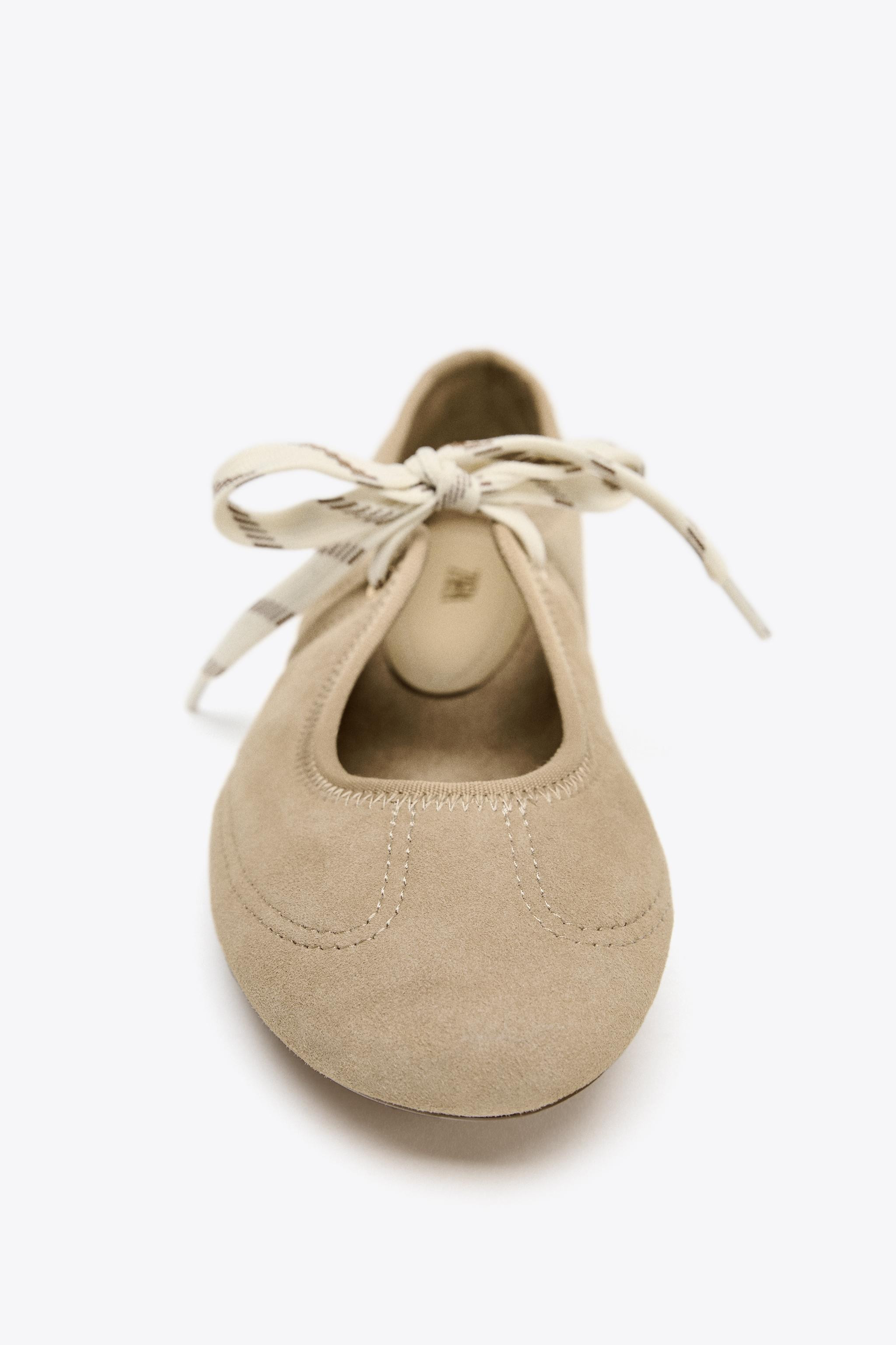 SPLIT LEATHER LACE-UP BALLET FLATS | Zara US
