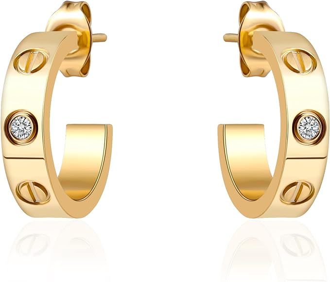 Love Friendship Earrings for Women Designer 3 Cubic Zirconia 18K Yellow Gold Hoop Huggie Cuff Stu... | Amazon (US)