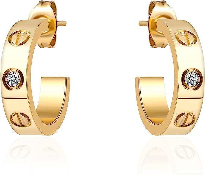 Love Friendship Earrings for Women Designer 3 Cubic Zirconia 18K Yellow Gold Hoop Huggie Cuff Stu... | Amazon (US)