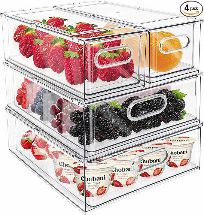 Mano Fridge Drawer Pull Out Stackable Bins with Handle Clear Refrigerator Drawers Organizer Food ... | Amazon (US)