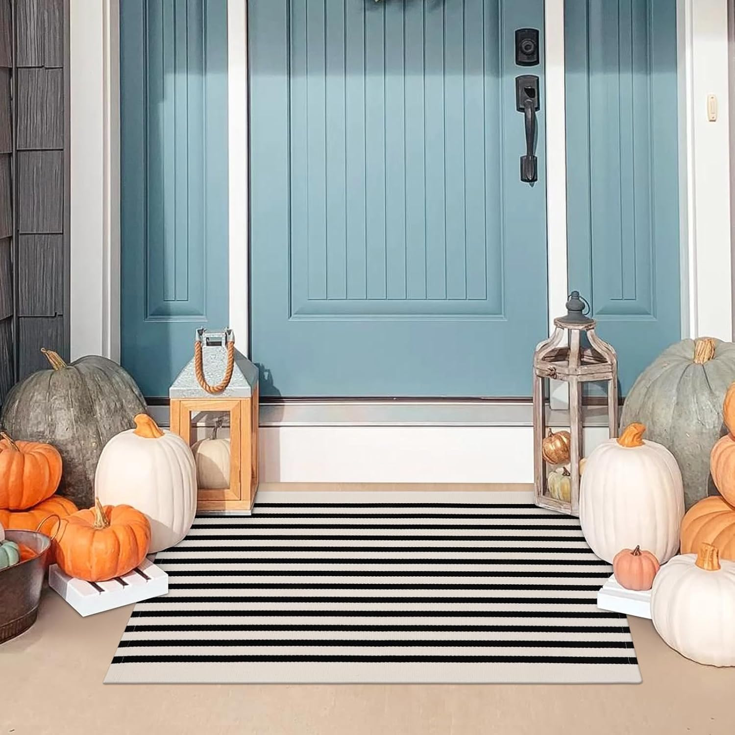 Black and White Outdoor Rug Fall Door Mat 24"x 51",Collive Cotton Woven Striped Front Doormat,Was... | Amazon (US)