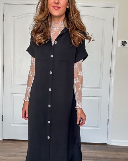 Black midi dress layered over white lace top 🖤

Amazon fashion find // black shirtdress // dress look for spring // spring dress // maternity 

#LTKstyletip #LTKfindsunder100

#LTKSeasonal