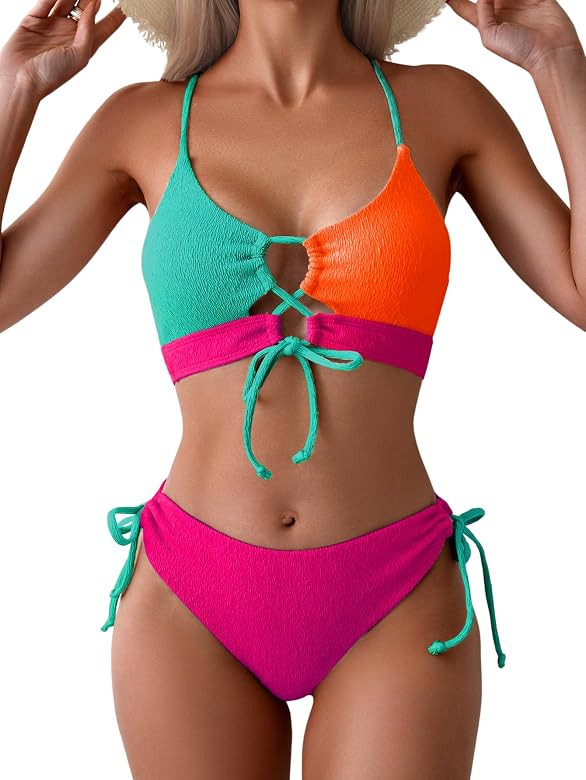 B2prity Women's Sexy Bikini Set Color Block Lace Up 2 Piece Bathing Suit Tie Side Swimsuit | Amazon (US)