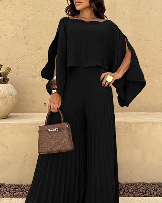 Women's 3 Piece Pleated Outfits One Shoulder Tops with High Waisted Wide Leg Pants Casual Vacatio... | Amazon (US)