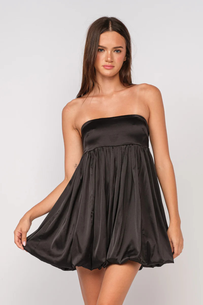 Melinda Black Satin Strapless Bubble Dress | Boho Pink