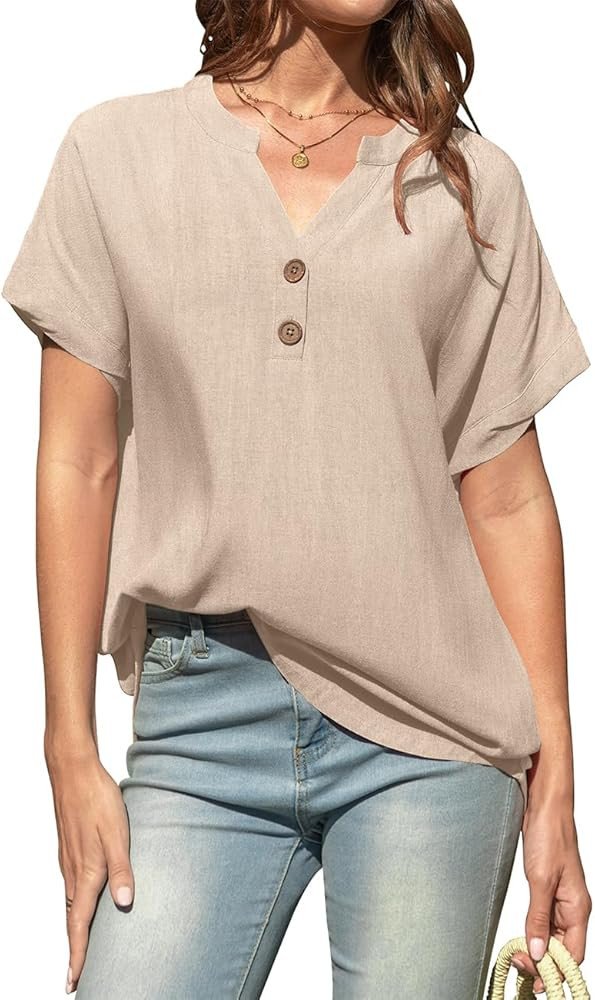 TARSE Women Linen Short Sleeve Henley Tops V Neck Blouse Casual Summer Trendy Tee Shirts 2026 Vac... | Amazon (US)
