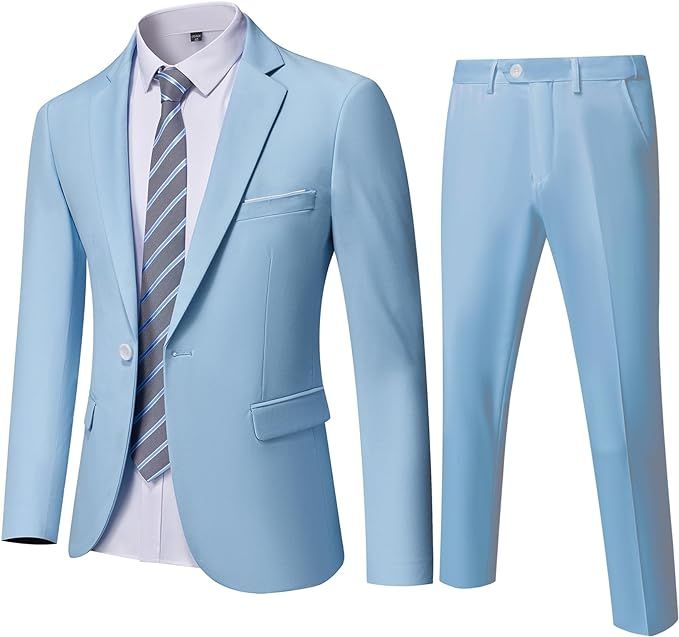YND Men's Slim Fit 2 Piece Suit, One Button Solid Jacket Pants Set with Tie | Amazon (US)