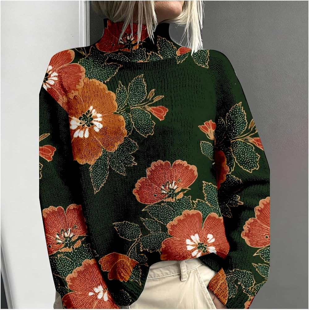Fall Ethnic Floral Sweaters for Women Loose Ribbed Knit Turtlenrck Long Sleeve Jumper Boho Vintag... | Amazon (US)