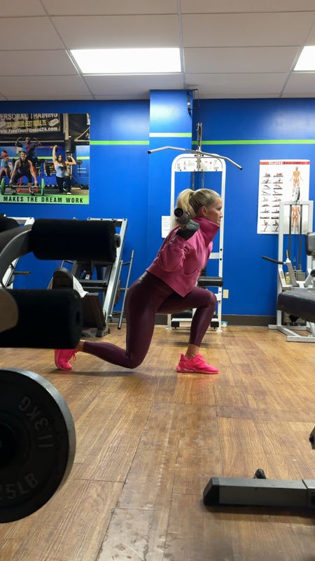 Workout outfit, hot pink tennis shoes, shiny leggings, hot pink sweatshirtts

#LTKfitness