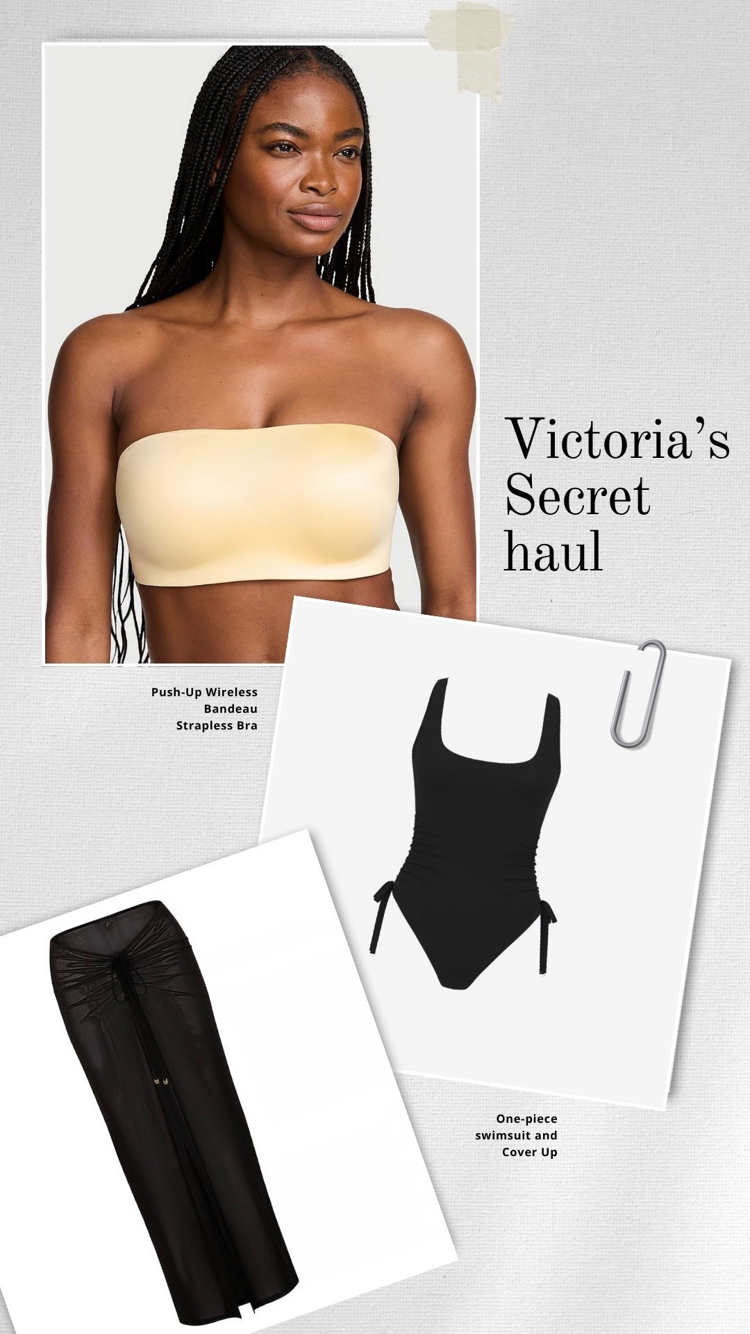 All the pieces from today’s @victoriassecret haul! The strapless bra is truly perfection and the swimsuit and cover up are such classic pieces everyone needs! #VSPartner 
