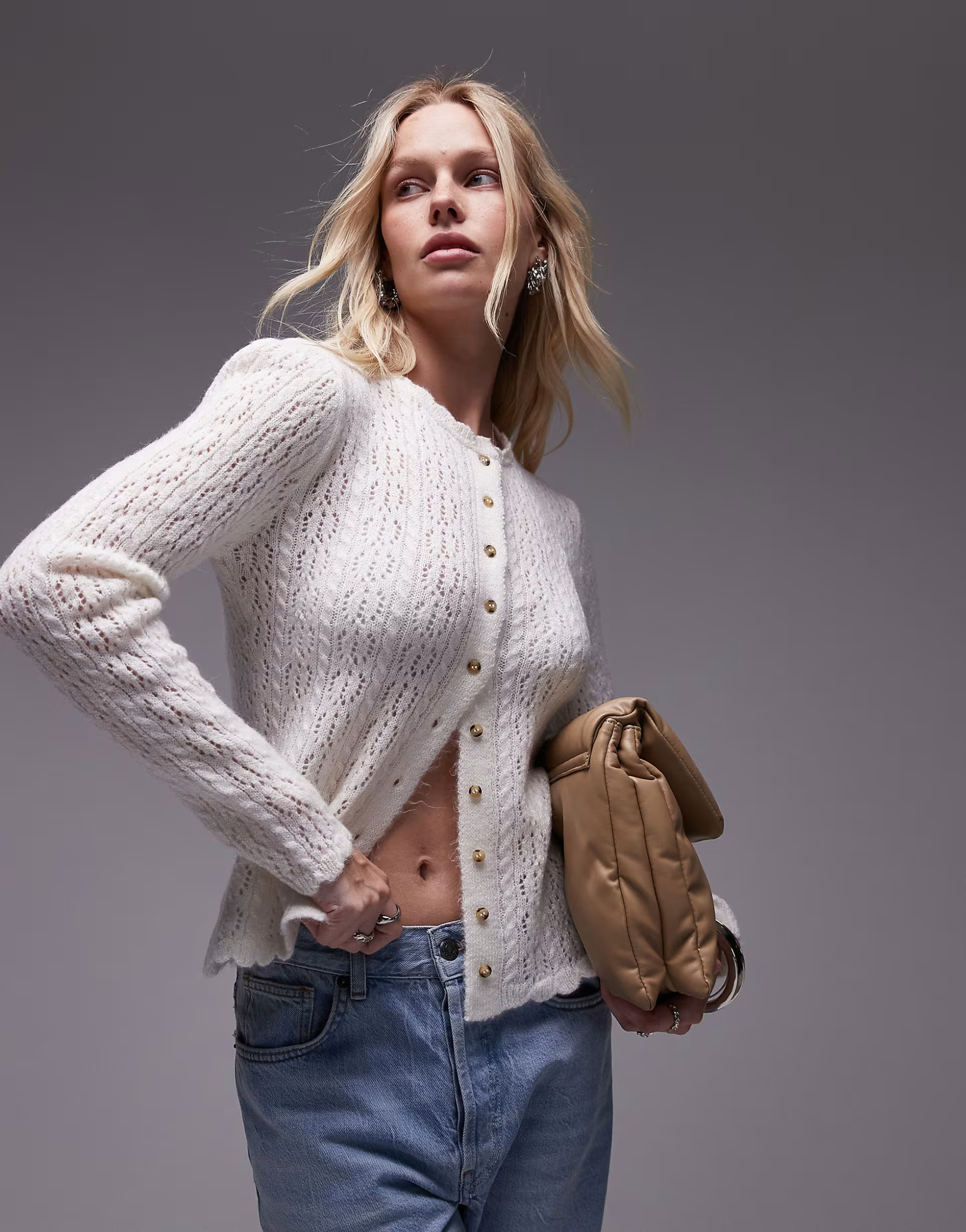 Topshop knitted pointelle cardi in ivory | ASOS | ASOS (Global)