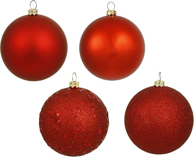 Vickerman 6" Red 4-Finish Shatterproof Ball Ornament Set of 4 Ornaments - Featuring Matte, Sequin... | Amazon (US)