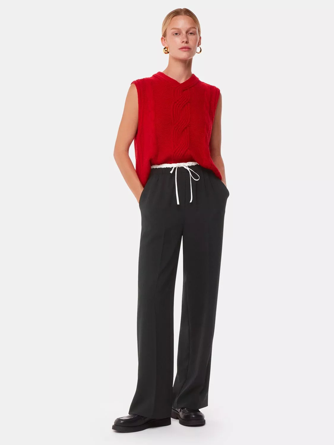 Whistles Contrast Drawstring Crepe Waistband Trousers, Black | John Lewis (UK)