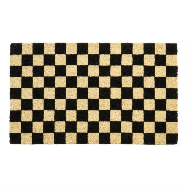 Black and Natural Checkerboard Coir Doormat | World Market