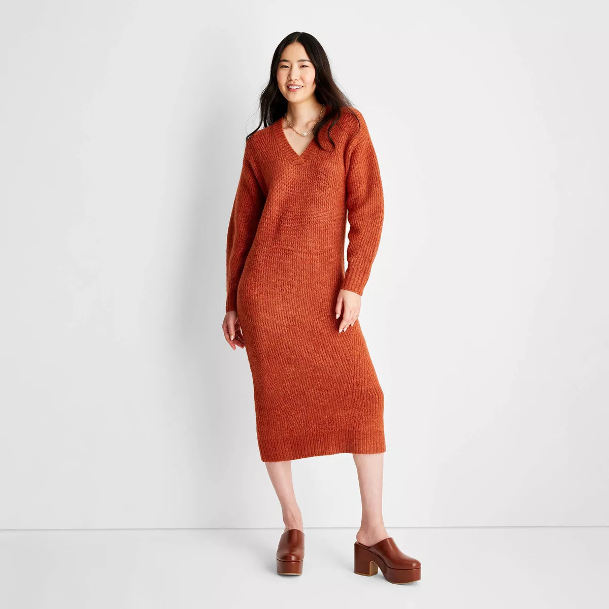 Women's Long Sleeve Chunky Sweater Midi Dress - Future Collective™ with Reese Blutstein Rust | Target