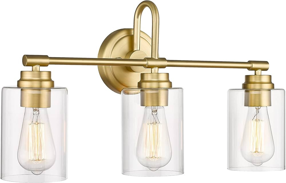 AKEZON Gold Bathroom Light Fixtures, 3-Light Vanity Light Over Mirror Lighting with Cylinder Glas... | Amazon (US)