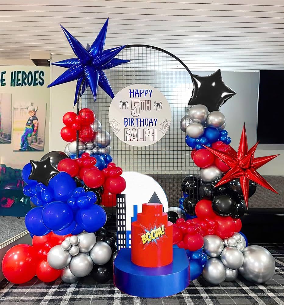 Blue Red Black Balloons Garland Arch Kit 130PCS with Large Starburs mylar balloons for Spider The... | Amazon (US)
