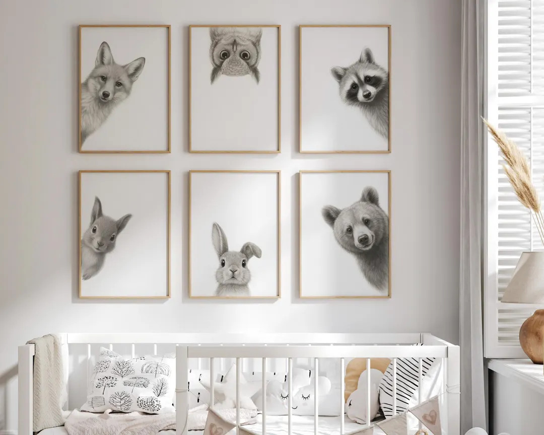 Woodland Nursery Wall Art – Set of 6 Sketch Animal Prints | Baby Shower Gift, Woodland Nursery ... | Etsy (US)