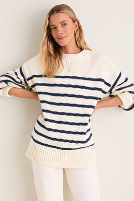 Ivory and Navy Stripe Cotton Genevieve Crewneck Sweater | Tuckernuck (US)