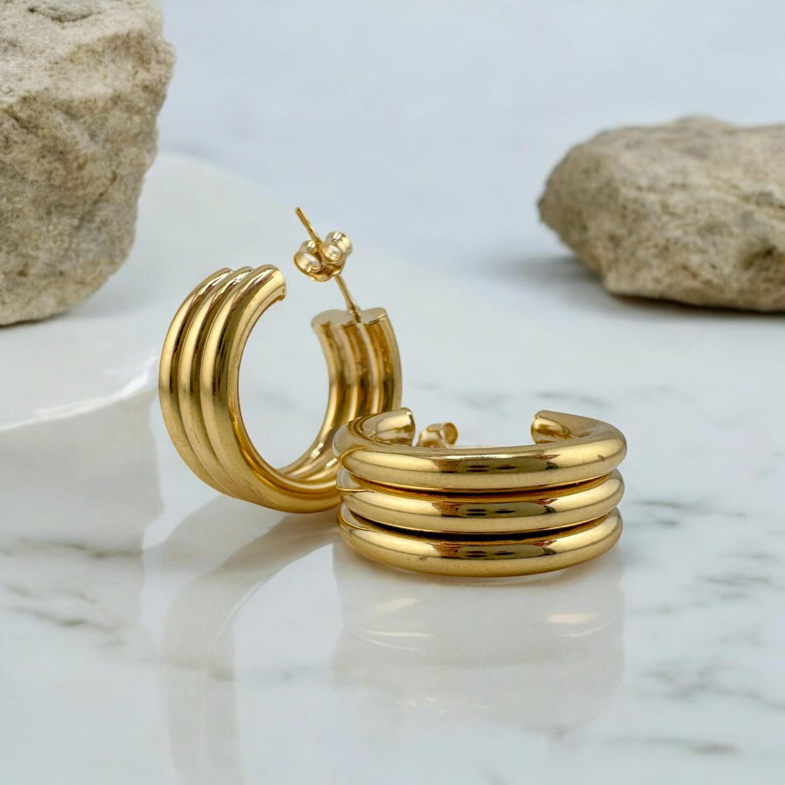 Vintage 14K Yellow Gold Triple Hoop Earrings - Minimalist Solid Gold Jewelry | Etsy (US)