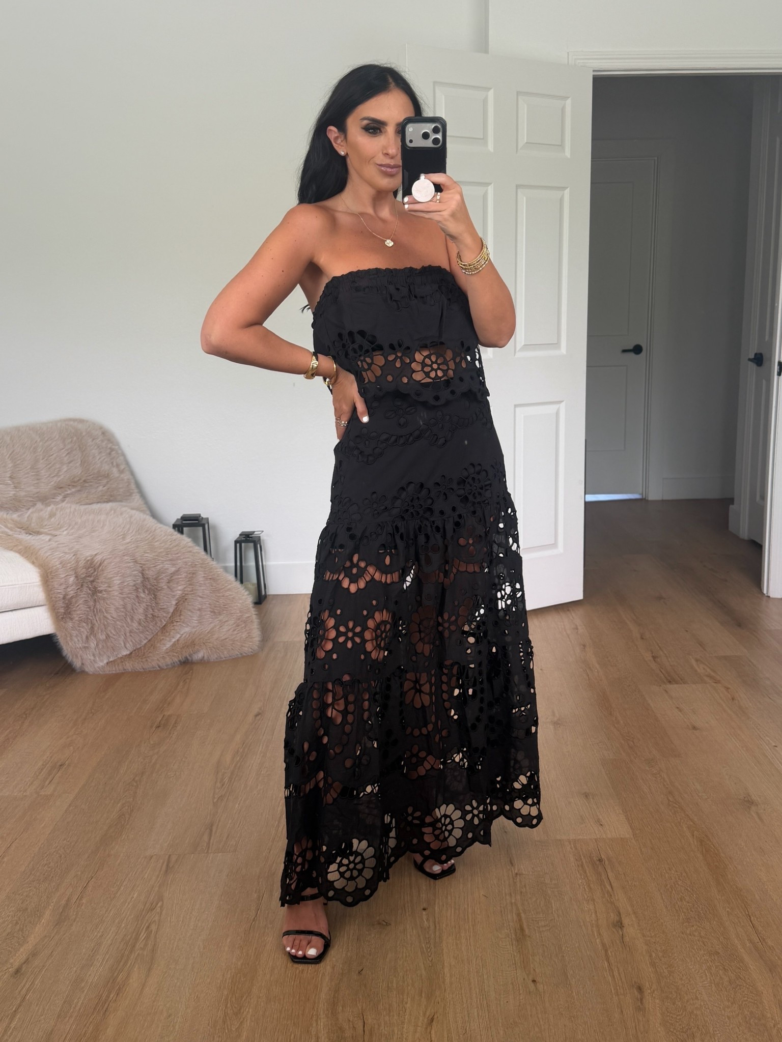 Vici collection coastline energy floral eyelet strapless crop top wearing size medium but should have done a small. 

Coastline energy floral eyelet maxi skirt wearing size medium 

 Use code houseofsequins30 for 30% off the entire site on vici
