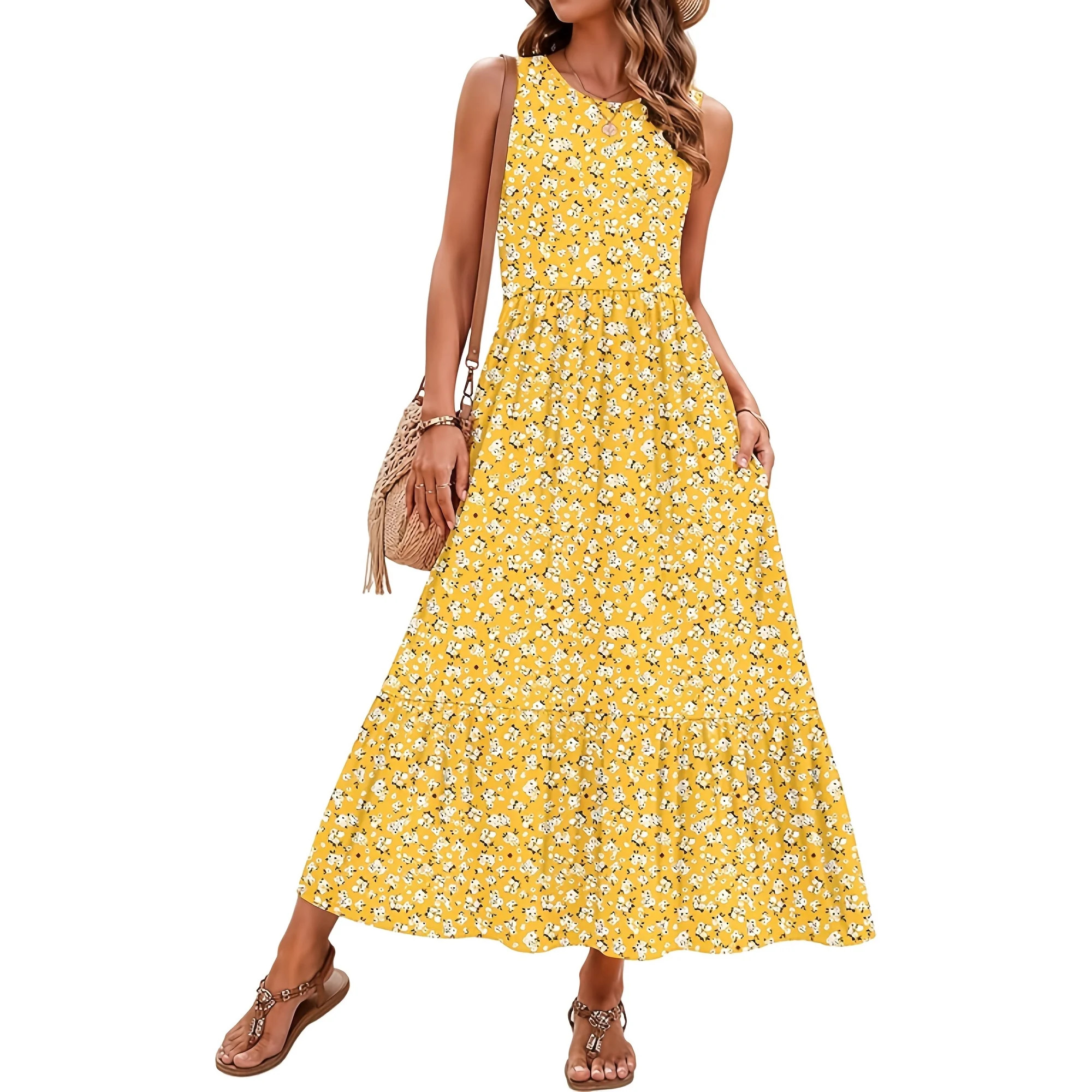 OutfitShow Summer Maxi Dresses for Women Sleeveless Casual Flowy Tiered Dress Vacation Beach Sund... | Walmart (US)