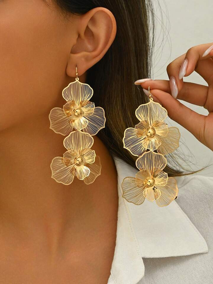 1pair Fashionable Double-Layer Floral Drop Earrings With Exaggerated Design, Long Floral Earrings For Women, Suitable For Daily Wear | SHEIN