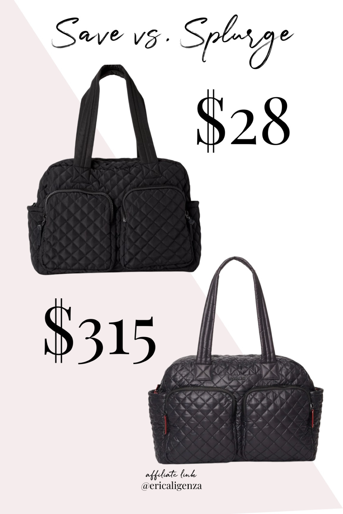 Save vs splurge. Black quilted weekend bag - MZ Wallace vs Walmart No Boundaries. 

Black weekend bag // black quilted bag // weekend bag under $50 // MZ Wallace inspired bag // Walmart weekend bag 

#LTKitbag #LTKunder50 #LTKFind