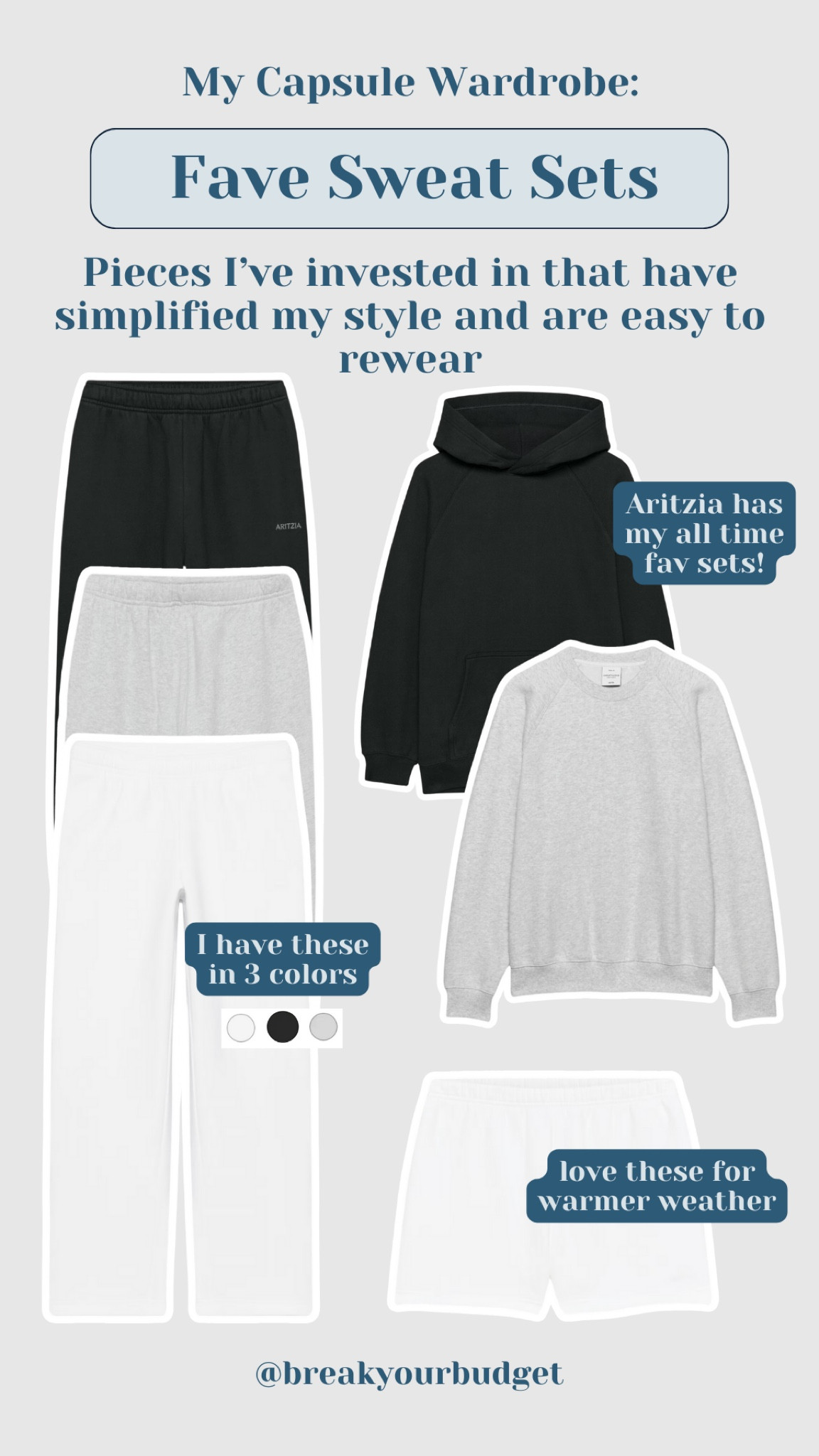 If you’re building a capsule wardrobe, don’t forget the loungewear! These Aritzia sweat sets are a must-have in my closet.  #capsulewardrobe #mix&match #investinyourcloset #sweatsets #aritzia

#LTKStyleTip #LTKSeasonal #LTKGiftGuide
