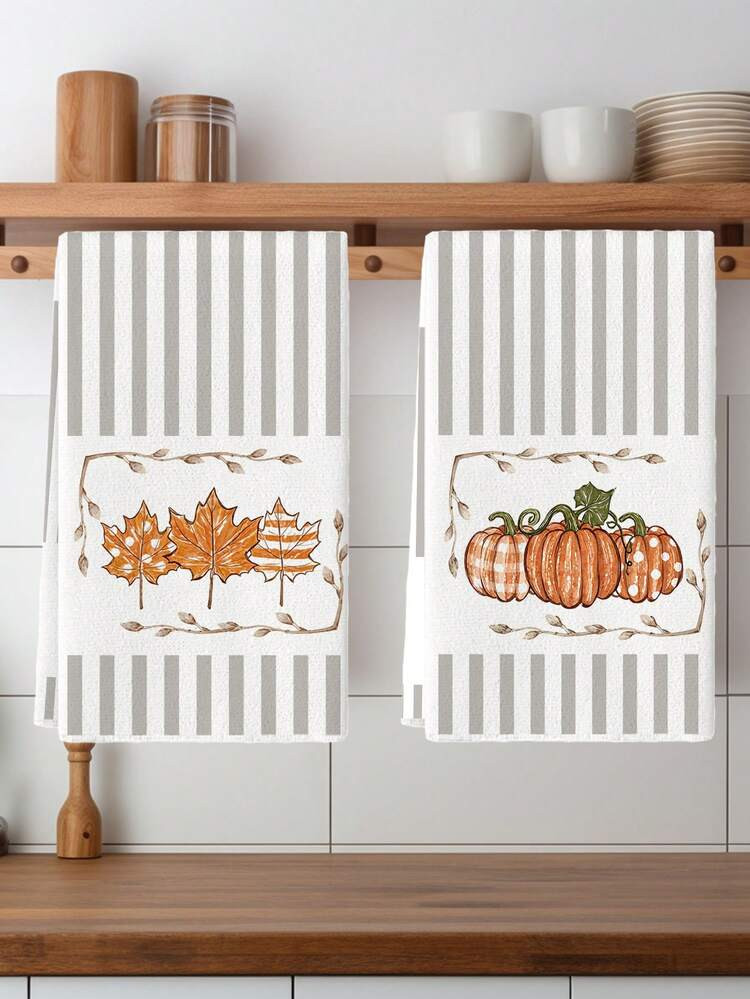 2Pcs Pumpkin Leaves Turkey Stripes Buffalo Plaid Mason Jar Thanksgiving Farmhouse Kitchen Towels ... | SHEIN