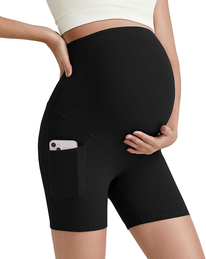G4Free Barefeel Maternity Biker Shorts with Pockets Over The Belly Legging Pregnancy Yoga Pants A... | Amazon (US)