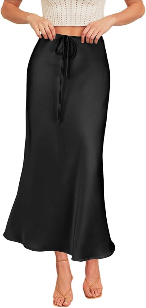 Women's Drawstring Satin Maxi Skirt High Waist Silk A Line Flowy Long Skirts | Amazon (US)