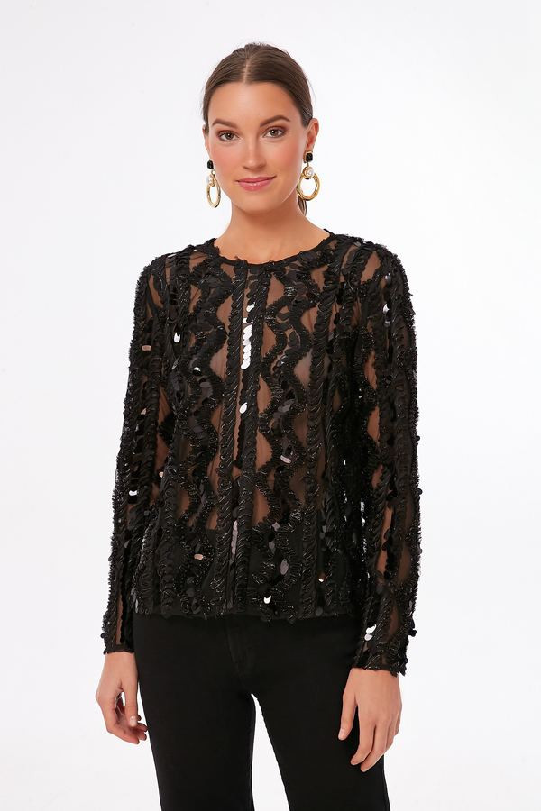 Black Sequined Long Sleeve Sutton Blouse | Tuckernuck (US)