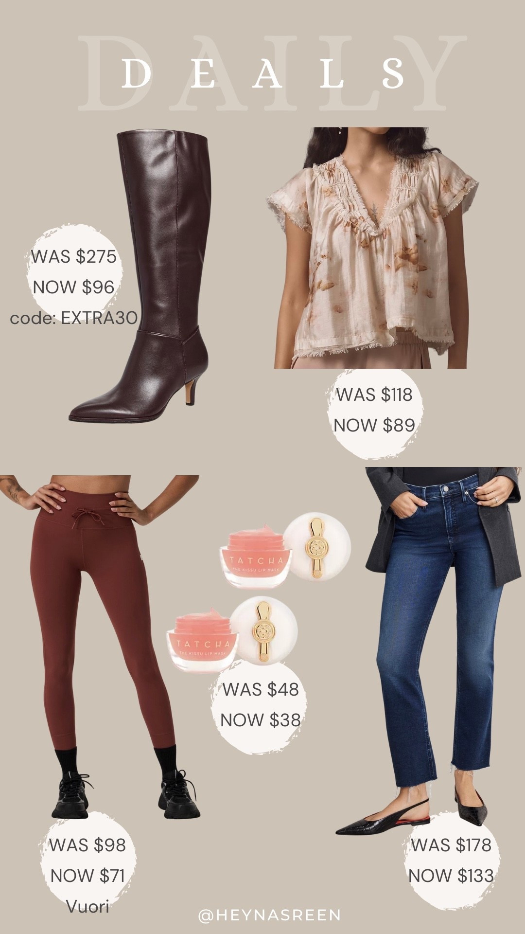 Daily deals on Dolce Vita boots, Anthropologie top, Good American jeans, Tatcha lip mask duo, Vuori leggings 