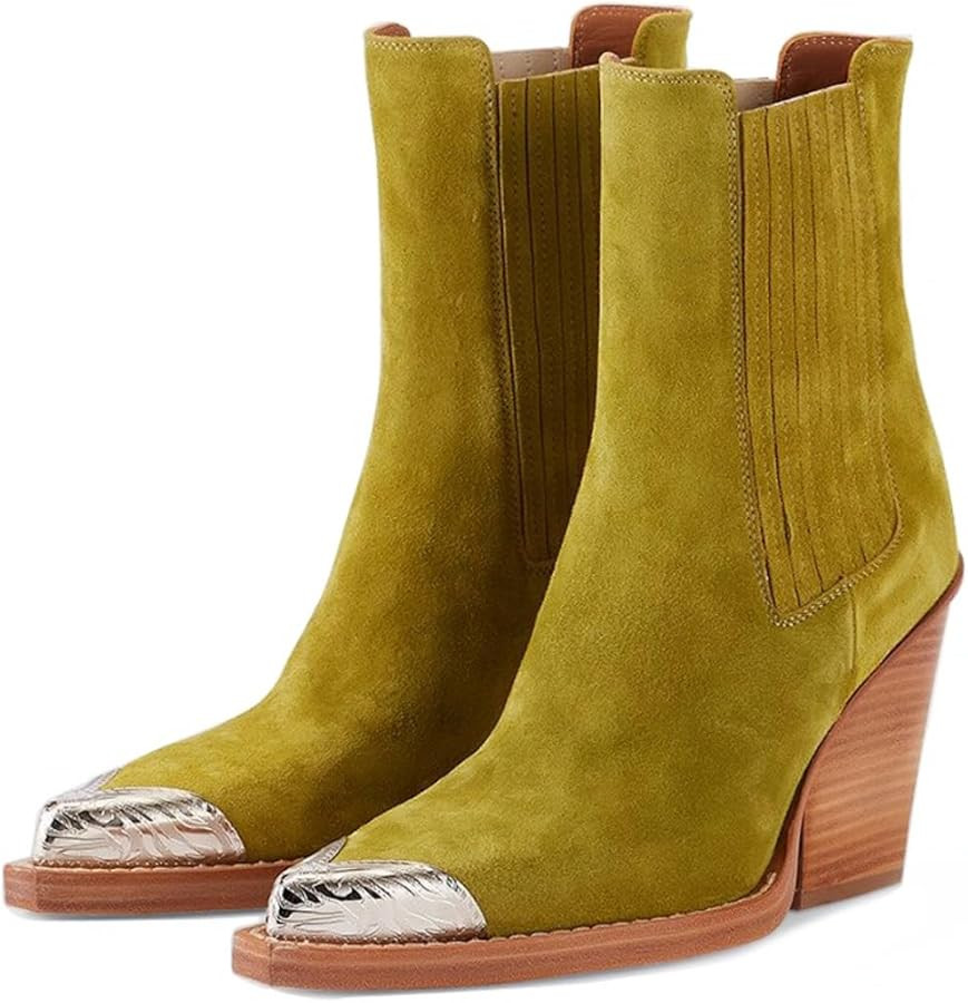 Goolita Suede Western Cowboy Boots For Women Metal Pointed Toe Stacked Block Heel Cowgirl Ankle B... | Amazon (US)