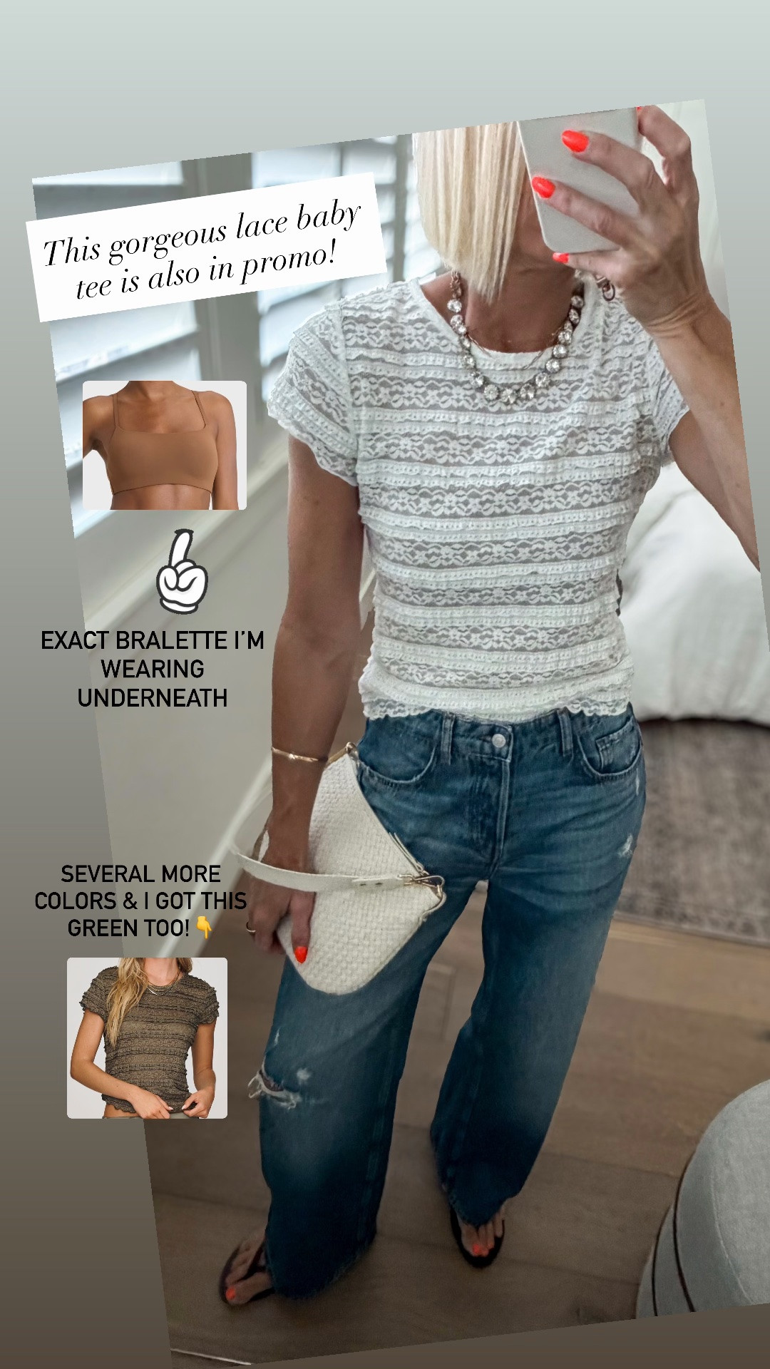 🚨get $50-$100 back when you spend $160-$300 —> on this beautiful little lace baby tee! Endless styling options to wear it more casual or dressed up! Several color options. Also, many reviews say to size up but I’m wearing true size medium and think it’s perfect! 
Size up in jeans for a looser fit. Wearing a 6

#LTKmomlife #LTKOver40 #LTKSaleAlert